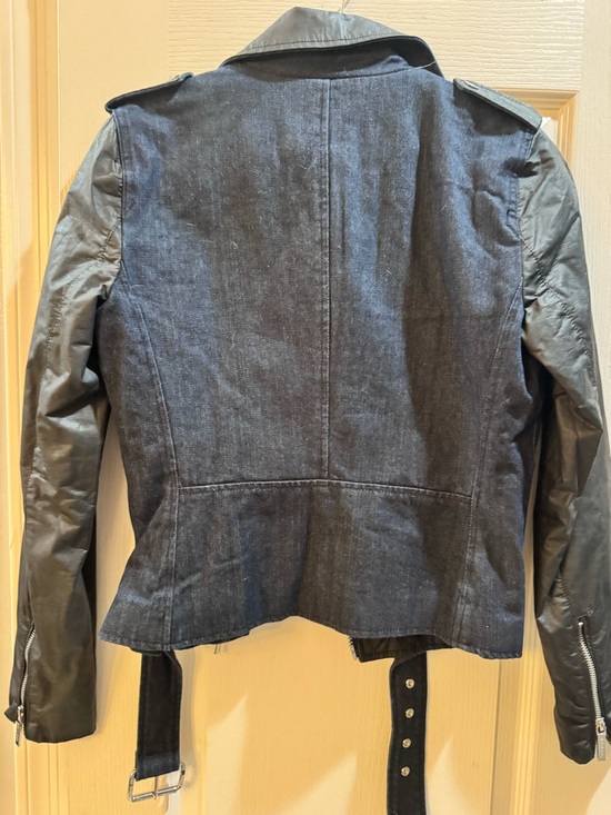 Michael Kors Black Denim and Leather Moto Jacket - Picture 2 of 2